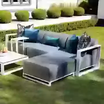 Modern Outdoor White and Grey Metal Chaise Corner Sofa, Coffee Table and Sofa Table